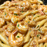 a pan of shrimp pasta