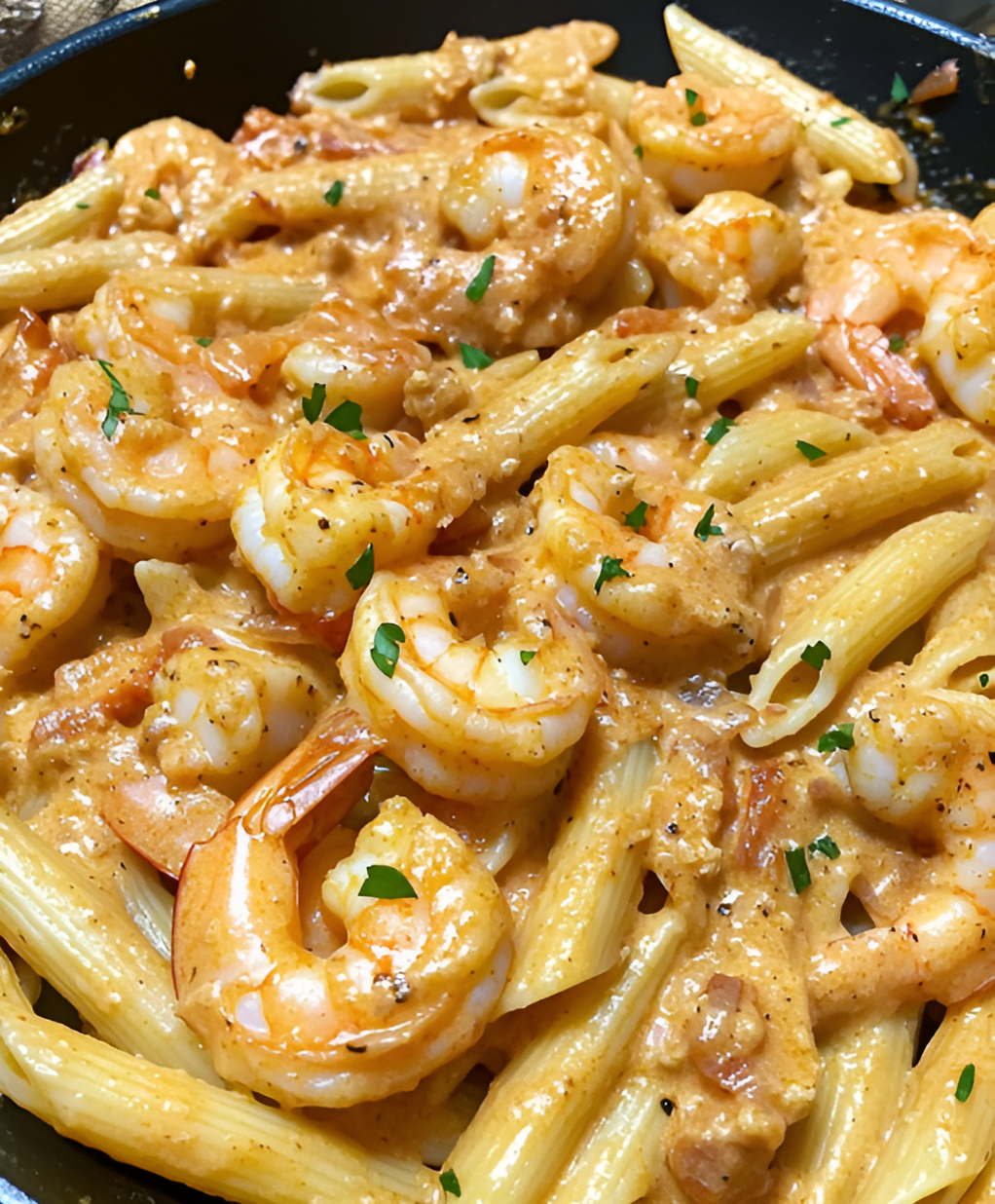 a pan of shrimp pasta