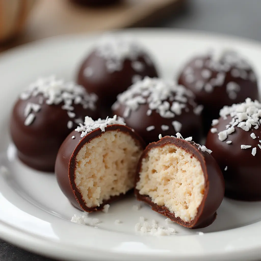 a plate of chocolate covered round objects