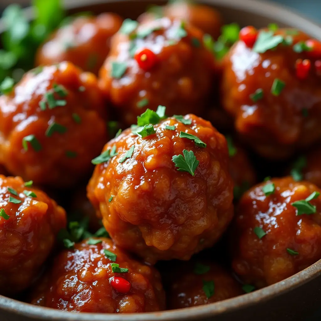 a bowl of meatballs with sauce and parsley