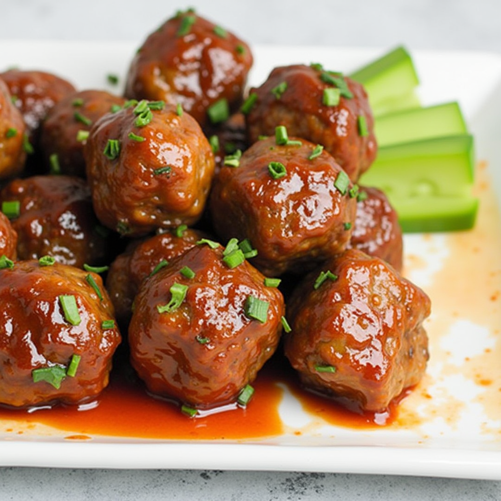 a plate of meatballs and celery