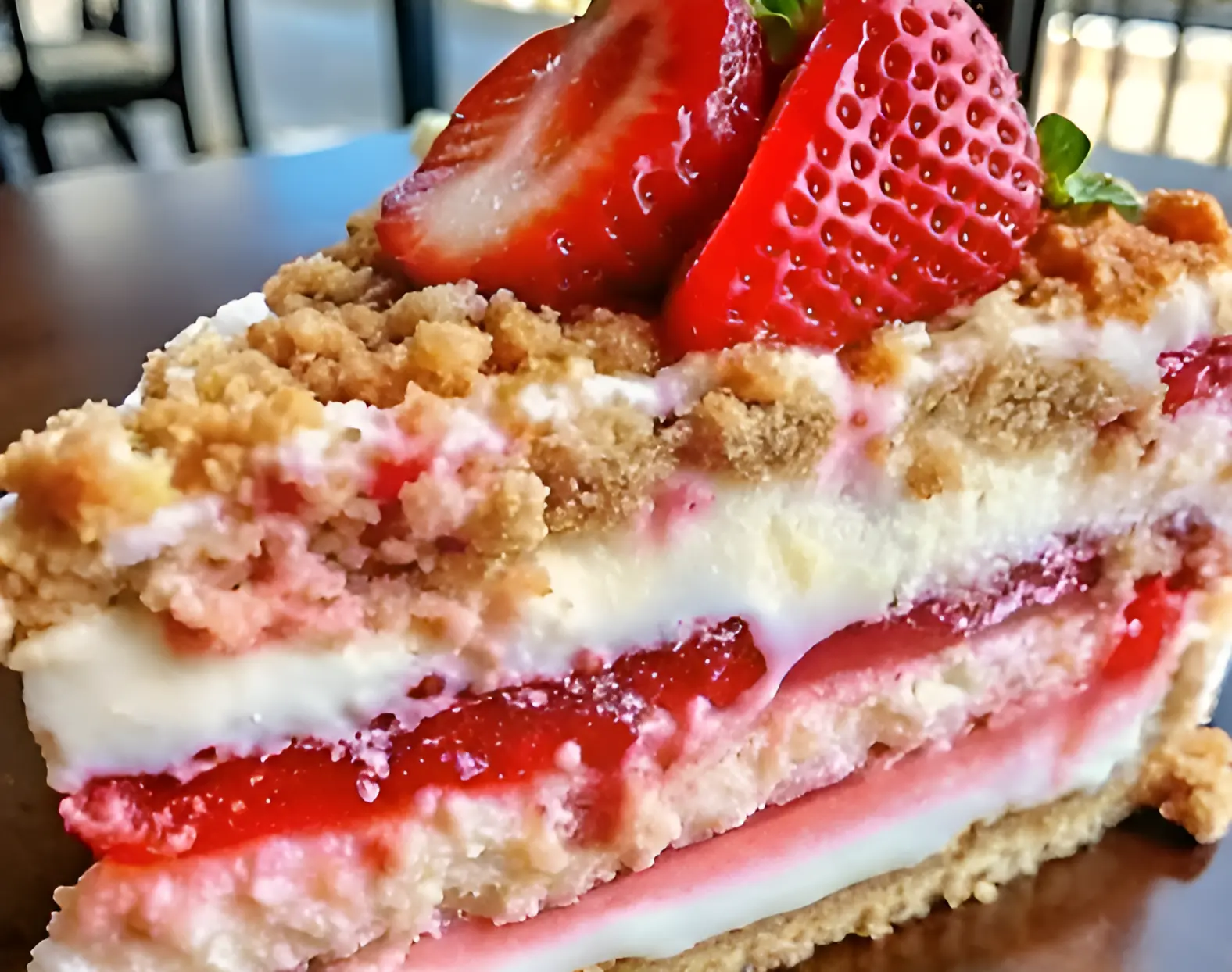 a slice of cake with strawberries and crumbles