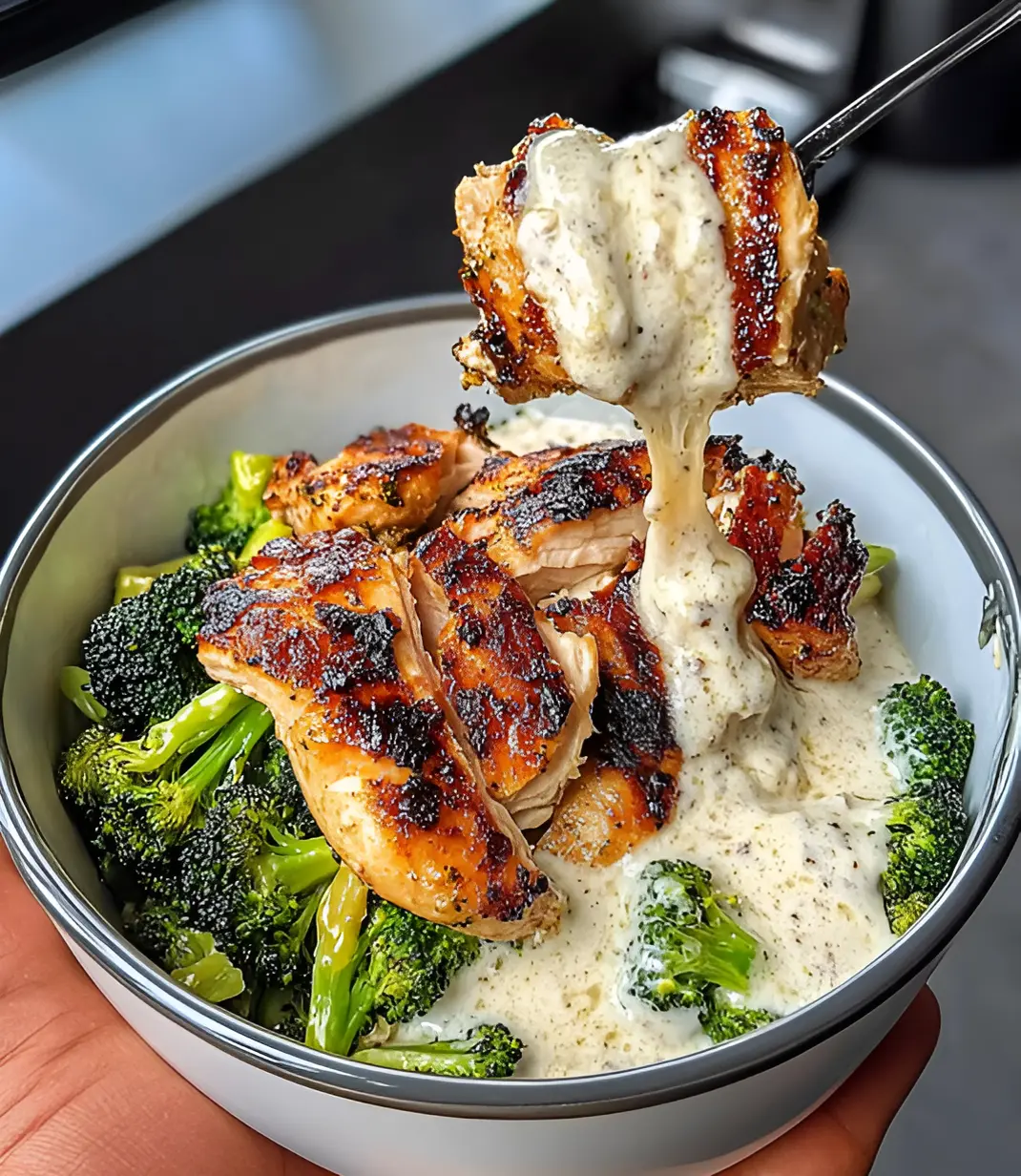 Grilled Chicken & Broccoli Bowls with Creamy Garlic Sauce